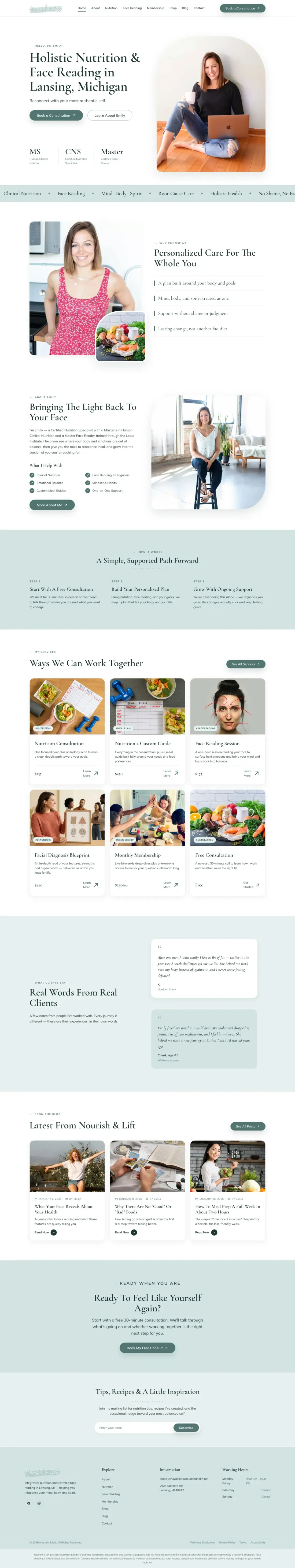 Nourish and Lift website — full desktop page