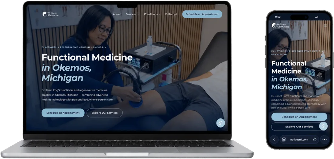 Client website shown on a laptop and phone